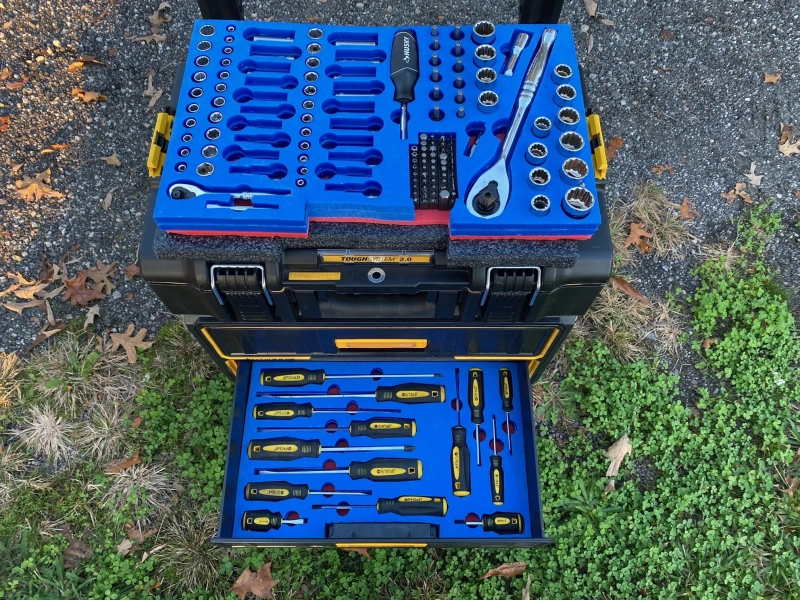 Tool box with blue and red foam cut outs 800